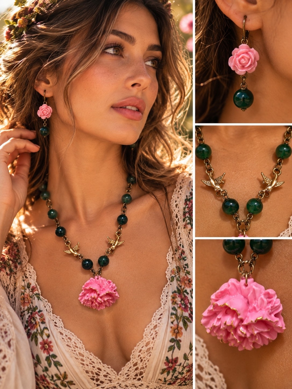 Boho Floral Pink Carnation & Green Bead Necklace
